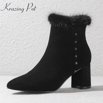 Krazing pot/2018 из овечьей замши женские зимние с острым носком толстый Обувь на высоком каблуке корейский грива меха Модные Элегантные Очаровате... - купить со скидкой