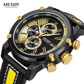 MEGIR Для мужчин Премиум Водонепроницаемый Световой кварцевые часы Мода кожаный ремешок желтый хронограф наручные часы для человека 2079G1N3 - купить со скидкой