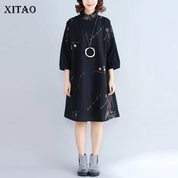 [XITAO] Для женщин 2018 Осень Корея модные женские туфли Стенд воротник длинный рукав платье трапециевидной формы Женский печати Повседневное д... - купить со скидкой