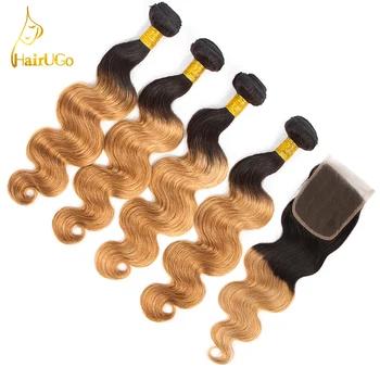 HairUGo волос предварительно цветные объемная волна Ombre 4 Связки с закрытием 1B/27 Бразильский Пучки Волос Плетение не человеческих волос пучков