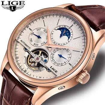 LIGE Мужские механические часы кожаные водостойкие автоматические часы Tourbillon Moon Phase Movement механические часы Relogio Masculino - купить со скидкой