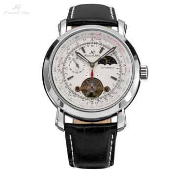 Бренд KS Турбийон Индикация Белый Циферблат Фазы Луны Натуральный Кожаный Чёрный Ремешок Корпус из Серебряный Нержавеющей Стали Люминесцен... - купить со скидкой