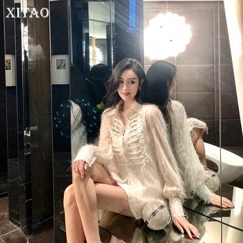 [XITAO] кружево Новая женская зимняя коллекция 2018 г. Корея Мода Turn-Down воротник длинный рукав рубашка Женская Кнопка сплошной цвет Блузка DLL1003 - купить со скидкой