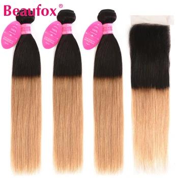 Русый Ombre человеческих волос Связки с закрытием 1B/Ombre перуанский прямые волосы Связки с закрытием Remy 4 шт./лот beaufox волос - купить со скидкой
