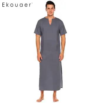 Ekouaer мужские 100% хлопок ночные рубашки для мальчиков пижамы короткий рукав Твердые сбоку разделение вырез горловины Длинные - купить со скидкой