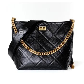 100% натуральная кожа сумка-мешок Женская Ретро цепь сумки на плечо натуральная кожа женская сумка высокого качества композитная сумка - купить со скидкой