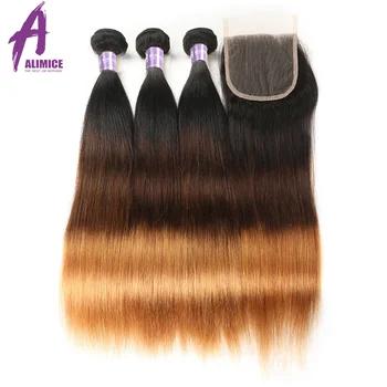 ALIMICE T1B/4/30 Ombre Связки с закрытием перуанский волосы прямые натуральные волосы соткет Связки 3 тон без Волосы remy расширения - купить со скидкой