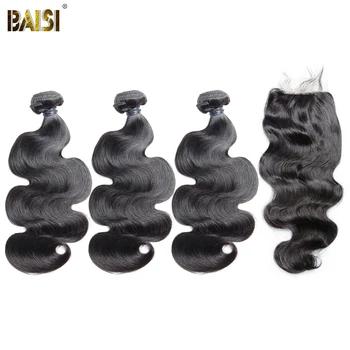 BAISI 3 Связки с закрытием тела волна бразильские 8A натуральные волосы натуральный цвет 100% человеческих волос 10-28 дюймов Бесплатная - купить со скидкой