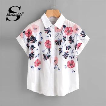 Sheinside белый цветочный вышивка рубашка для женщин Roll Up Sleeve Button Top Лето 2018 г. короткий рукав Офис Повседневная обувь Элегантная блузка - купить со скидкой