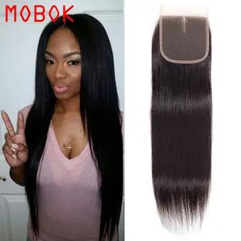 MOBOK волосы прямые Закрытие перуанский швейцарский закрытия шнурка 100% Remy натуральные волосы 4*4 Средняя/Бесплатная/три части 8-22 дюймов Беспла...