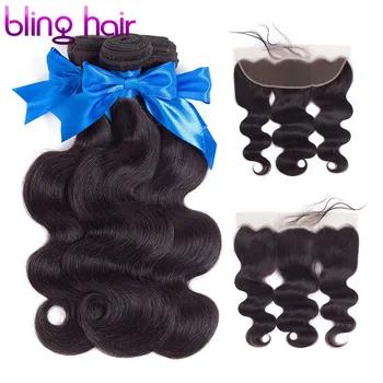 Bling волны волос на теле Связки с закрытием 13*4 Кружева Фронтальная застежка бразильской плетение волос пучки Реми натуральные волосы натура... - купить со скидкой
