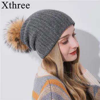 Xthree многоцелевой зимняя женская шляпа с вязаная шапка из меха енота шапочки Hat вязаная шапка из кашемира Keep gorro; теплый шерстяная шляпа бренд