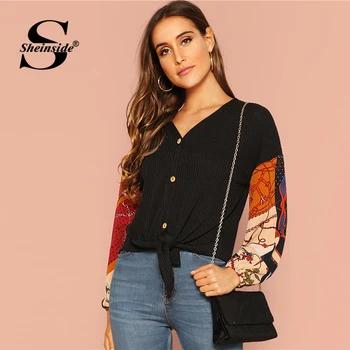 Sheinside черный Мода на пуговицах подол завязанная футболка для женщин 2019 весна элегантный печатных эластичный рукав топы корректирующие повс... - купить со скидкой