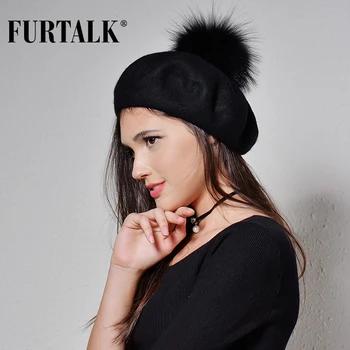 Furtalk 100% шерсть Берет Hat для женщин енота помпоны из меха шапки для девочек со съемным помпоном - купить со скидкой
