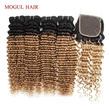 MOGUL волос 3/4 мёд блондинка Связки с синтетическое закрытие T 1B 27 глубоко вьющиеся бразильские волосы Ombre Brazillian Remy натуральные волосы расширен... - купить со скидкой