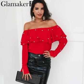 Glamaker с рюшами и открытыми плечами Осенняя блузка рубашка жемчужный глубокий v-образный вырез женские блузки вечерние длинным рукавом Вечер... - купить со скидкой