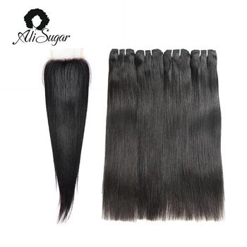 Али сахар волосы прямые волосы Малайзии 100% Человеческие Волосы Связки с Синтетическое закрытие волос Необработанные Богородицы Наращиван... - купить со скидкой
