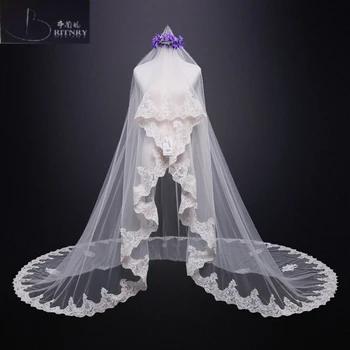 Новые длинные фаты Шампанское Аппликация Край Кружева Фата собор свадебная фата аксессуары Veus de noiva - купить со скидкой