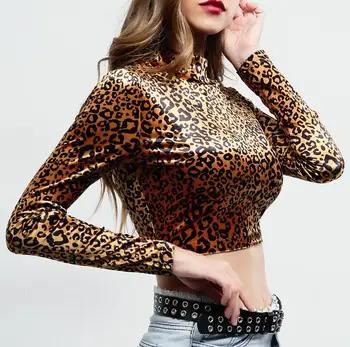 Модная уличная бархатная леопардовая водолазка с длинными рукавами и высокой талией, короткая тонкая футболка - купить со скидкой