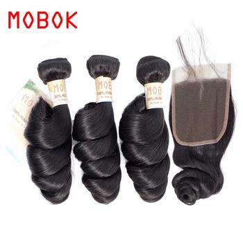 MOBOK 100% человеческих волос Свободные волны Малайзии волосы 3 Связки с закрытием кружева не Реми естественный Цвет волос 4 шт. бесплатная доста... - купить со скидкой