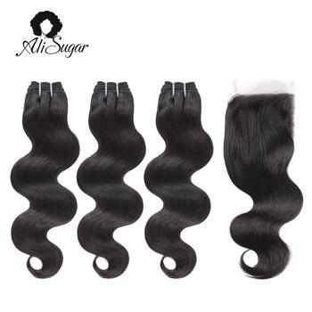 Али сахар волосы Малайзии Средства ухода за кожей волна Человеческие Волосы Связки с Синтетическое закрытие волос 4*4 "Natural Цвет 100% Необработ... - купить со скидкой