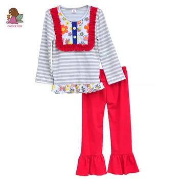 В стиле принцессы Одежда для малышей наряды для девочек серый полосатый пуловер красные штаны с оборками Цветочные Лоскутная 2016 Детская од... - купить со скидкой