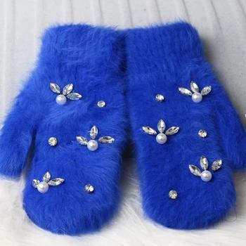 Зимние перчатки 2018 горный хрусталь с жемчугом кроличий мех перчатки для женщин двойной теплый открытый мех женские перчатки митенки - купить со скидкой
