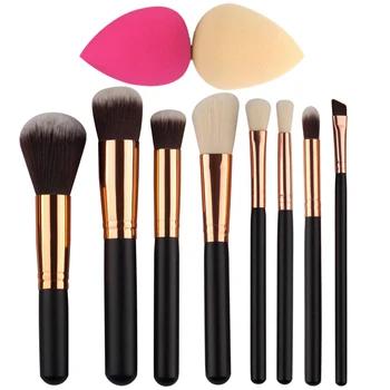 8 шт. розовое золото набор кистей для макияжа Eye Shadow Румяна Основа-Кисть + 2 шт. Губка Puff сделать до кисти Pincel Maquiagem - купить со скидкой