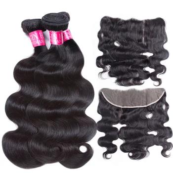 LanQi натуральные волосы плетение 3 пучки индийские тела волнистые пучки с фронтальным кружевом Закрытие уха до уха Кружева Закрытие Фронталь... - купить со скидкой