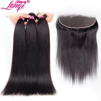 Уха до уха Кружева Фронтальная Закрытие с пучками LanQi не Волосы remy 3 Связки Индийский прямые человеческих волос Связки с 13x4 закрытие - купить со скидкой