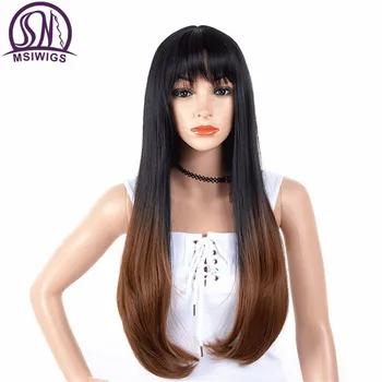 MSIWIGS длинные прямые синтетические парики для Для женщин Ombre коричневый парик с челкой термостойкие мягкие натуральные волосы с бесплатной в... - купить со скидкой