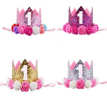 Горячая Принцесса для маленьких девочек 1st День рождения цветок Корона оголовье шляпа лентой - купить со скидкой