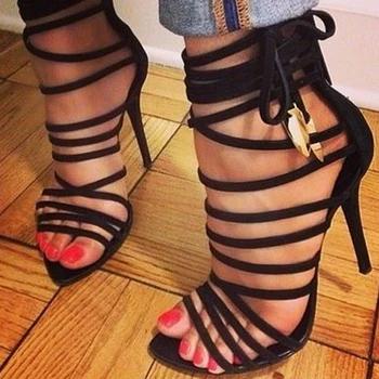 Флоковые босоножки на высоком каблуке Гладиаторы с открытым носком Ремешок на щиколотке Черная женская обувь узкая полоса пикантные откры... - купить со скидкой