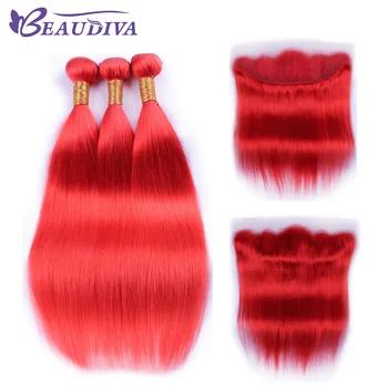 Beaudiva предварительно красного цвета бразильского прямые волосы с кружевом фронтальной комплект из 3 предметов прямые человеческие волосы с ... - купить со скидкой
