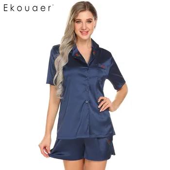Ekouaer Для женщин Повседневное пижамный комплект с отложным воротником короткий рукав на пуговицах свободную рубашку сна костюмы летние женс... - купить со скидкой
