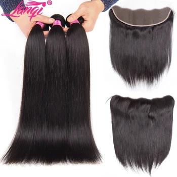 Бразильский прямые волосы с закрытием кружева фронтальной с пучками lanqi прямые переплетения человеческих волос Связки с пряди волос на зак... - купить со скидкой