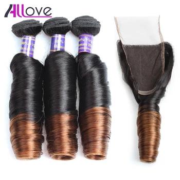 Allove Ombre наращивание волос с Синтетическое закрытие шнурка волос Весна курчавые индийские Человеческие волосы ткань 3 Связки с Синтетическо... - купить со скидкой