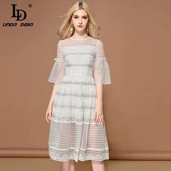 LD LINDA DELLA 2019 модное подиумное Элегантное Белое Платье женское с расклешенными рукавами цветочное кружевное платье повседневное миди летние ... - купить со скидкой