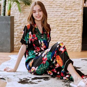 Для женщин сна Lounge лето-осень Цветочный принт Для женщин пижамы моды атласные пижамы Для женщин короткий рукав ночное Indoor Костюмы - купить со скидкой