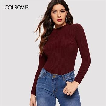 COLROVIE Maroon Solid Workwear Mock-neck ребристый элегантный вязаный свитер женский пуловер 2019 Весна Повседневные свитера женский джемпер - купить со скидкой