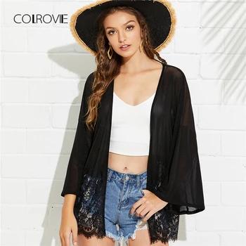 COLROVIE кружевная бейка блеск кимоно кардиган 2018 новый черный сетки Sheer Лето халат Vacational Цветочные пляжные для женщин - купить со скидкой