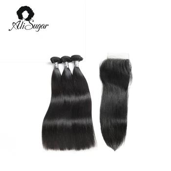 Али сахар волос перуанский прямые 100% девственные волосы 3 Связки с синтетическое закрытие шнурка натуральный цвет пряди - купить со скидкой