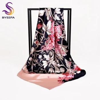 [BYSIFA] женский китайский стиль темно-синий розовый Шелковый шарф шаль Зимний бренд квадратные атласные шарфы обертывания весна осень головн... - купить со скидкой