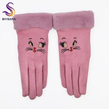 [BYSIFA] Для женщин шерсть варежки, перчатки новый дизайн Кот замши милые перчатки двухслойные плюс бархатные теплые утепленные женские перчат... - купить со скидкой